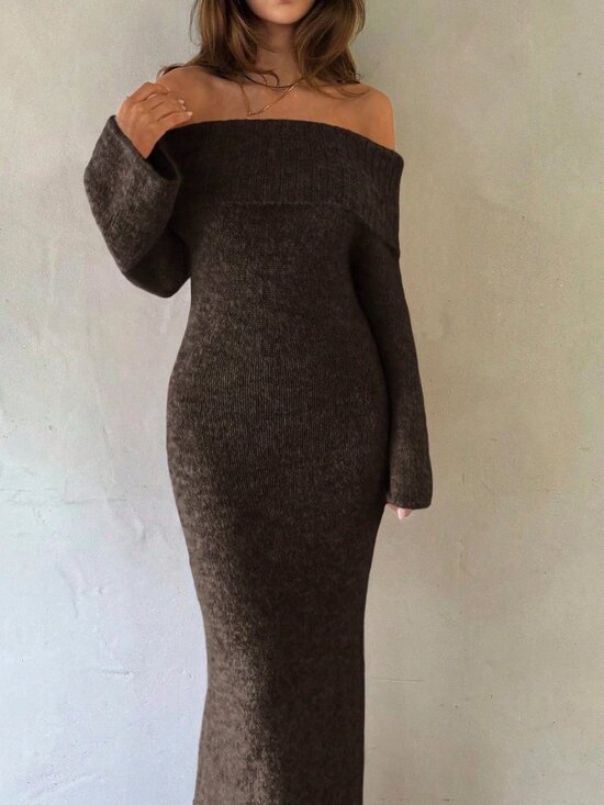 Dresses & Skirts - Brown Elegant Women's Rib-Knit Zipper Off Shoulder Slim Fit Bodycon Dress